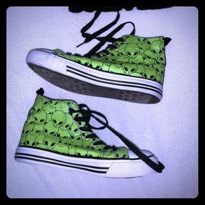 green alien printed shoes